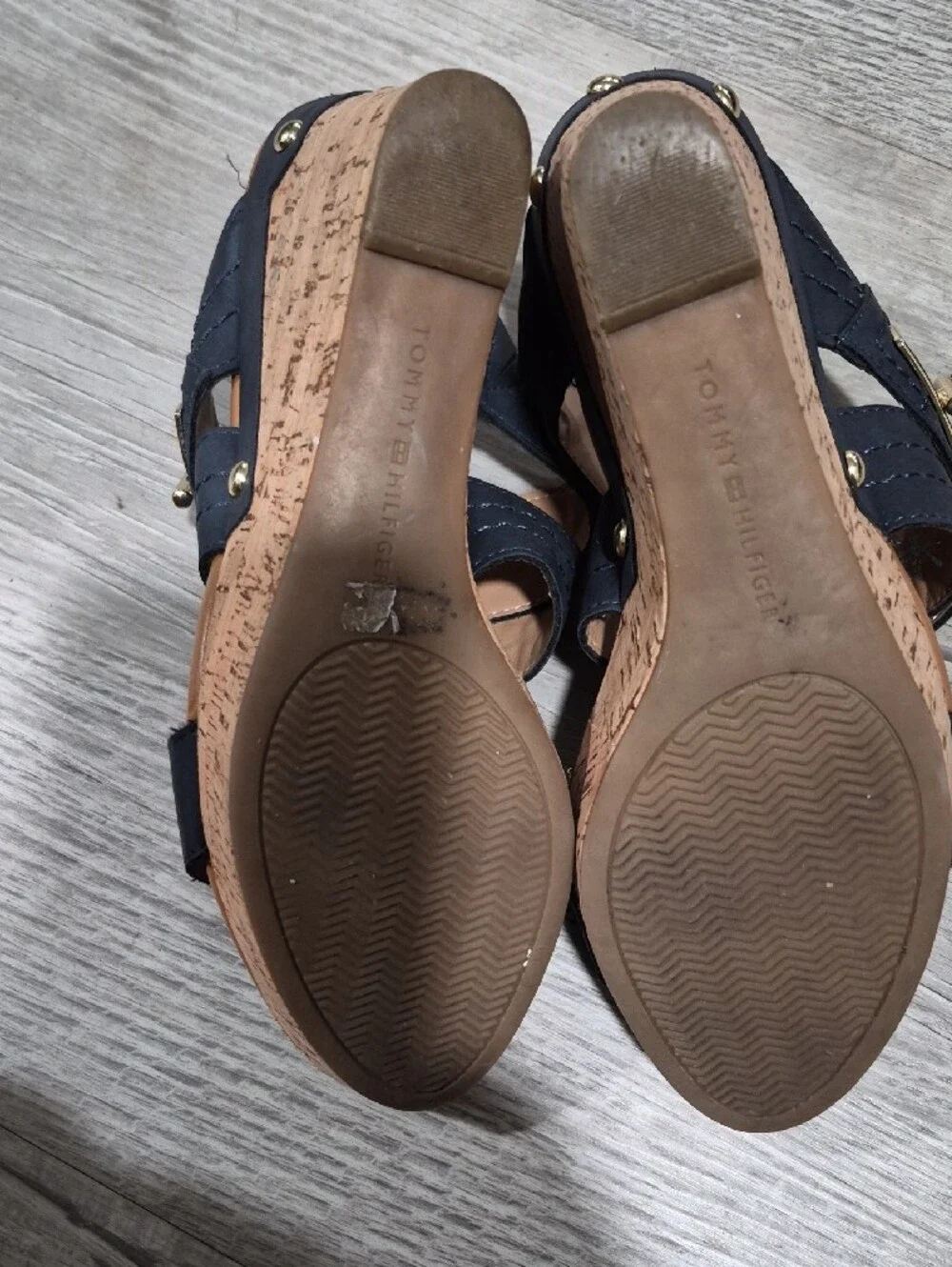 Tommy Hilfiger Navy and Tan Cork-Look Wedge Sandals